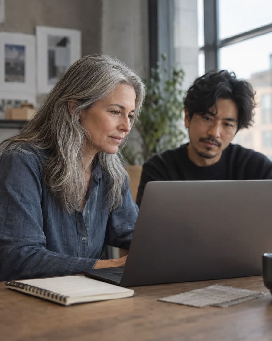 Colleagues reviewing software together at a worktable