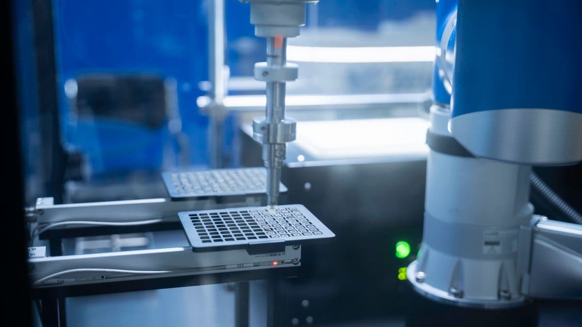 A blue and white laboratory robot arm positioning a probe above a sample tray, the kind of controlled environment where manipulation benchmarks are scored