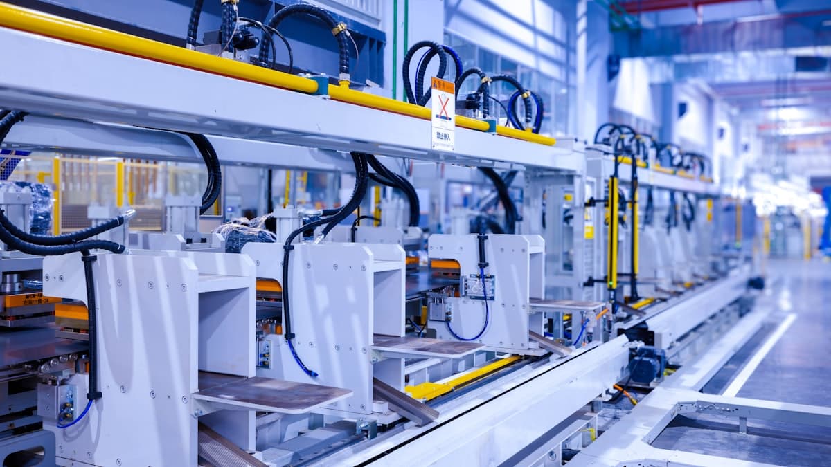 An automated appliance production line with yellow safety rails stretching across a factory floor, the manufacturing scale the humanoid industry is racing to reach