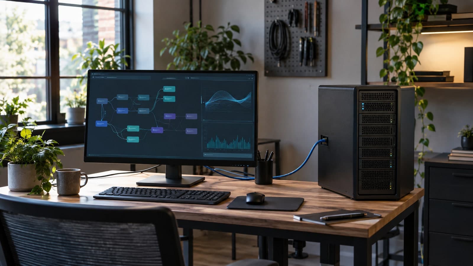 Self-hosting an open-weight AI model: a desktop workstation connected to a local server running a private AI workflow.