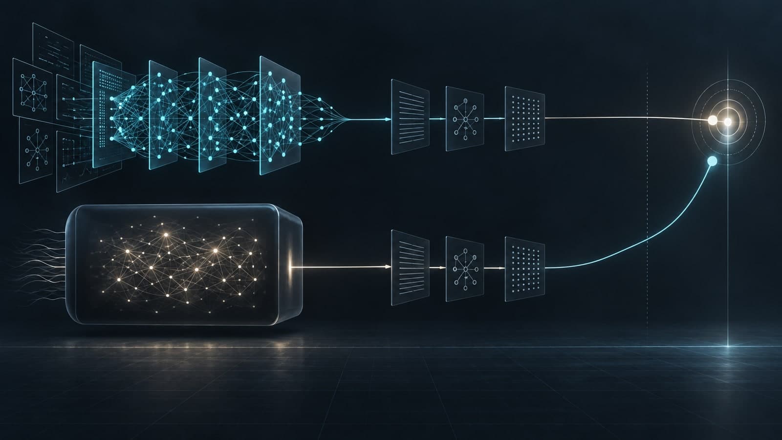 Open source versus closed AI models: an inspectable open network and an opaque proprietary model approaching the same benchmark target.