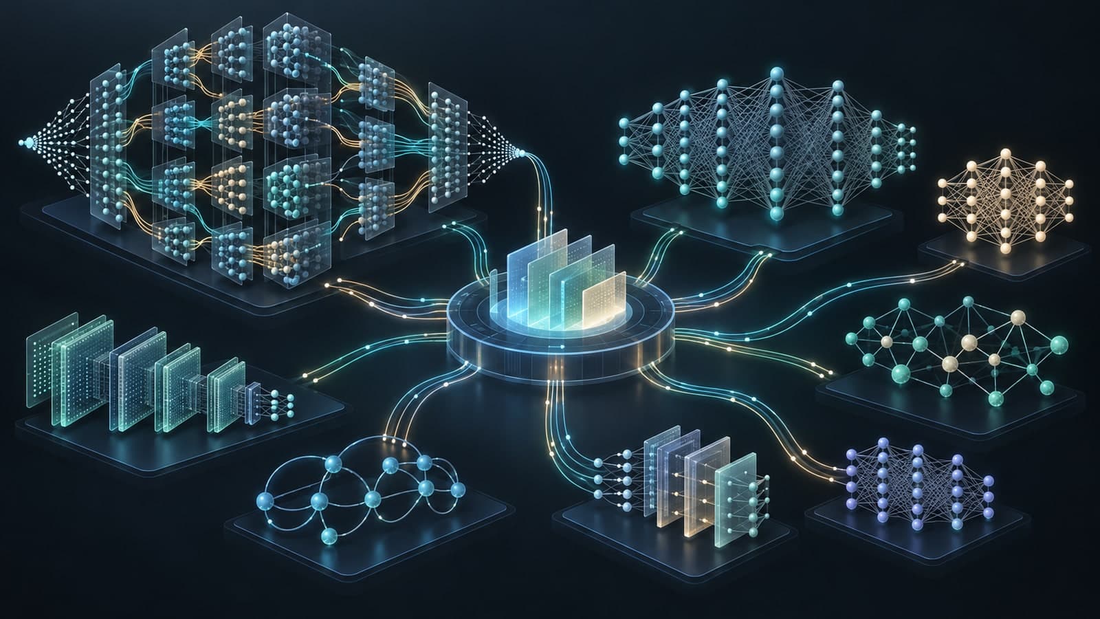 The open-source AI field: several differently sized open-weight model architectures connected in one ecosystem.