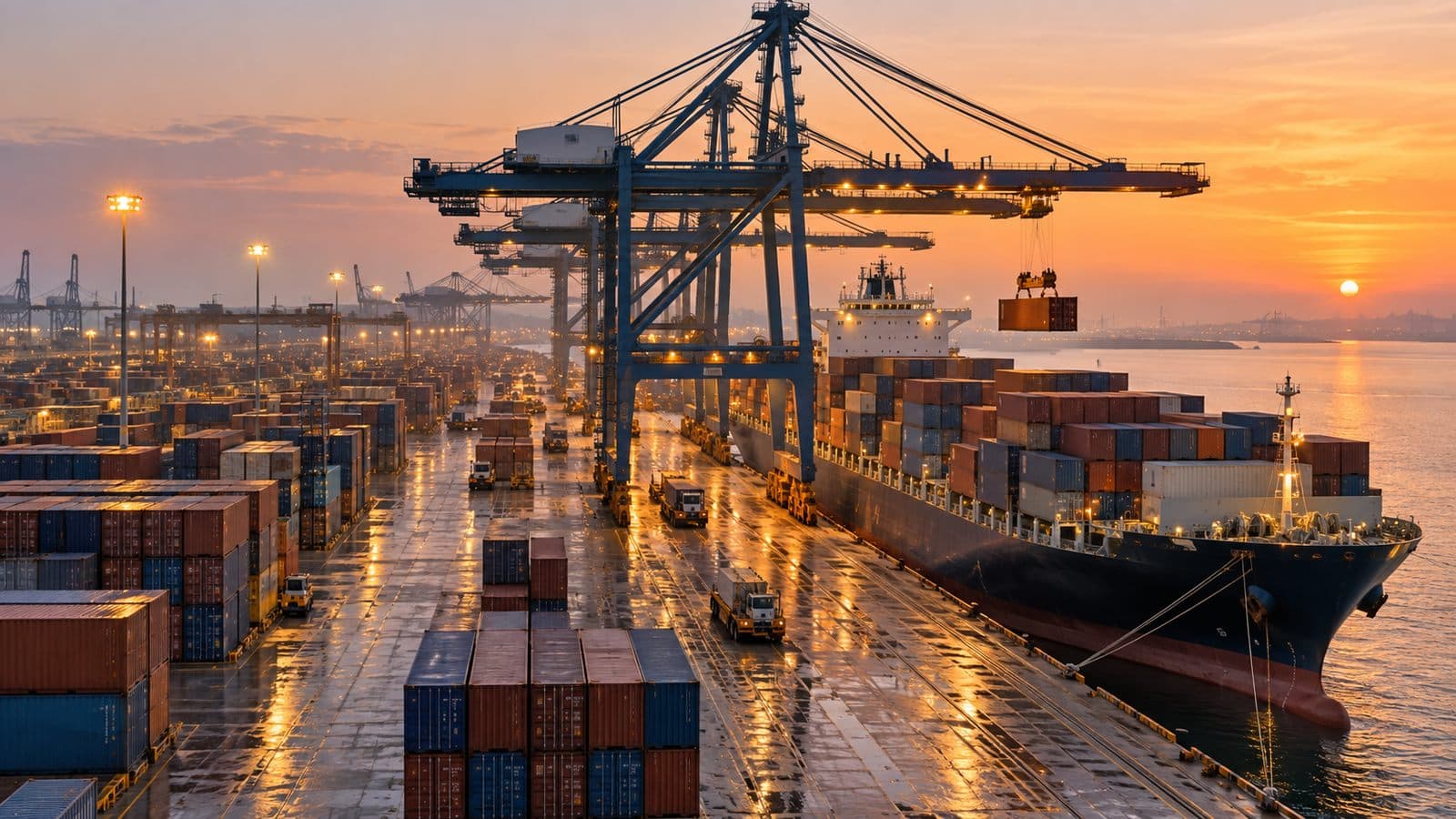 Gantry cranes loading stacked containers onto a ship at a port at dawn.