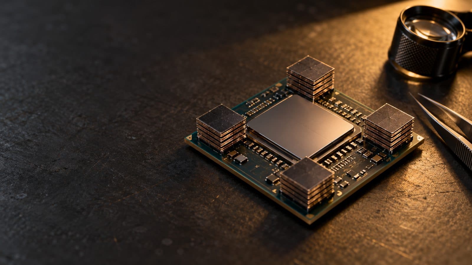 Bare processor package on a dark bench with four small stacked memory cubes set tight around it, tweezers and a loupe beside.