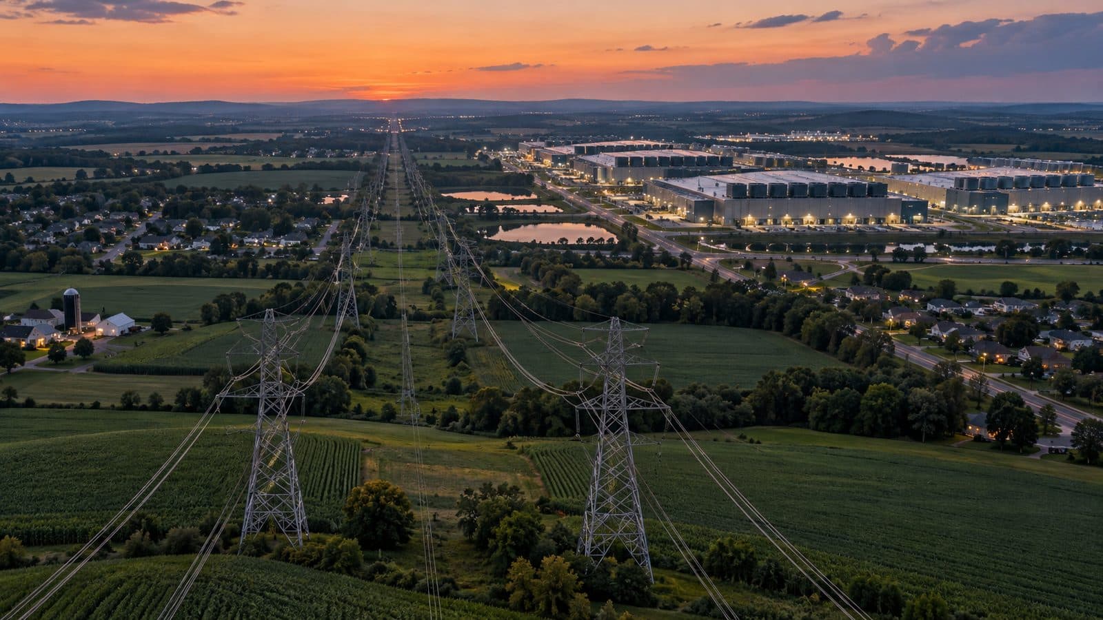 Transmission line crossing farmland toward a large data center campus at dusk.