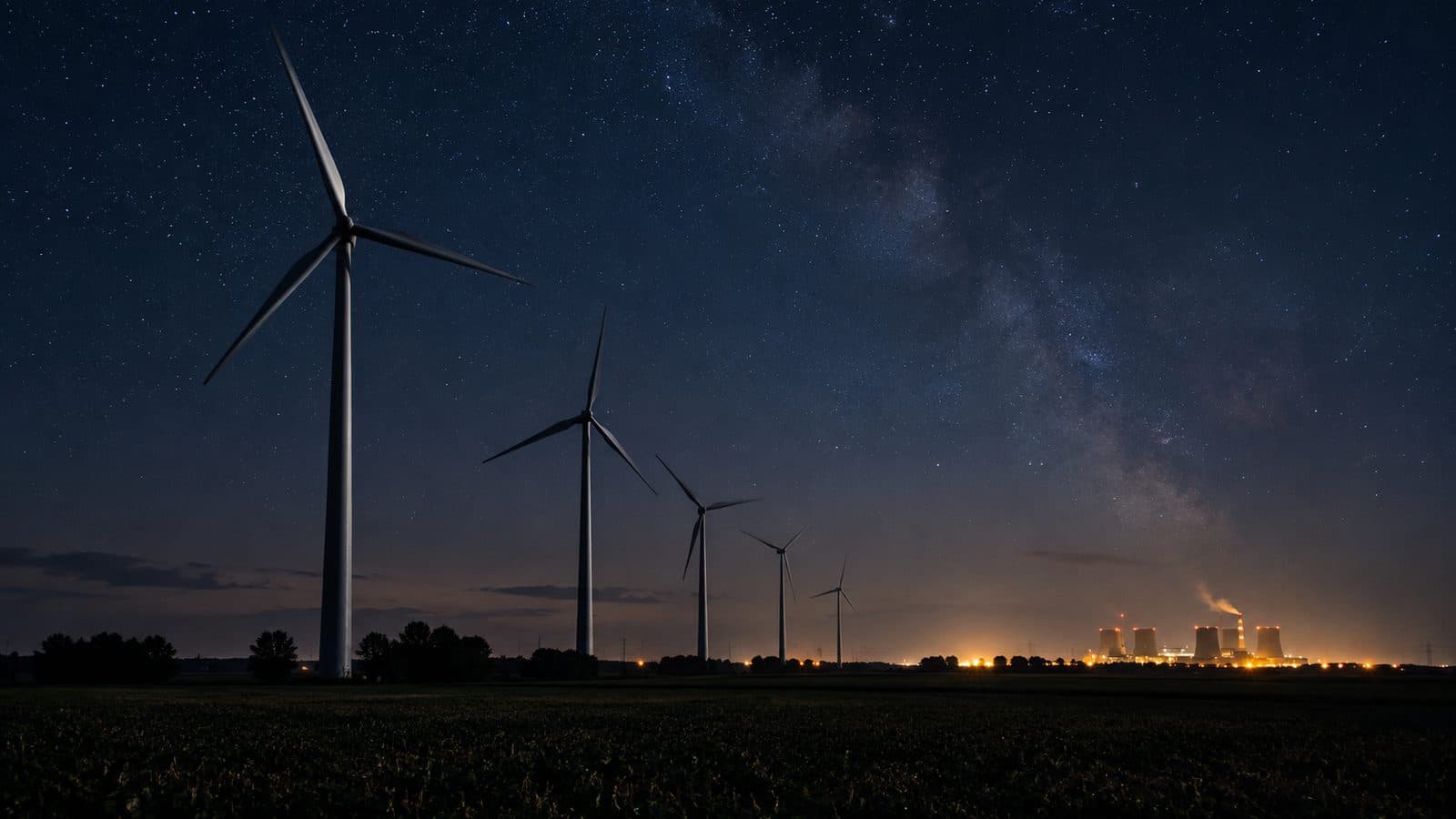 Wind turbines standing still under a night sky while a distant power station stays lit.