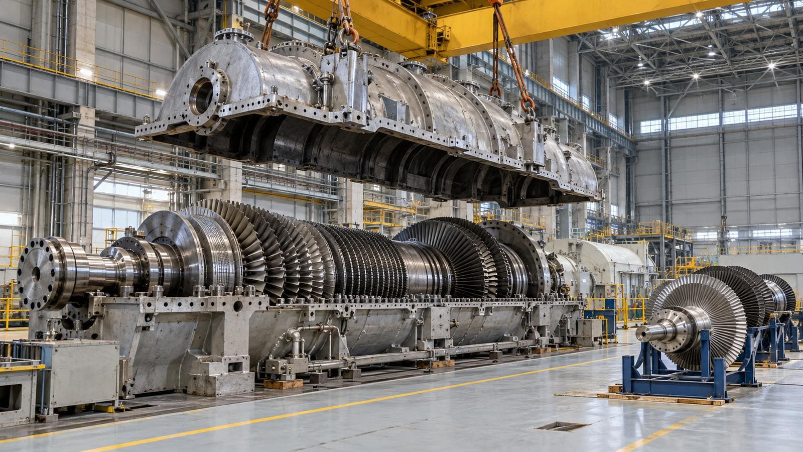 Power-station turbine hall with the turbine casing lifted off, the kind of equipment swap a nuclear uprate involves.