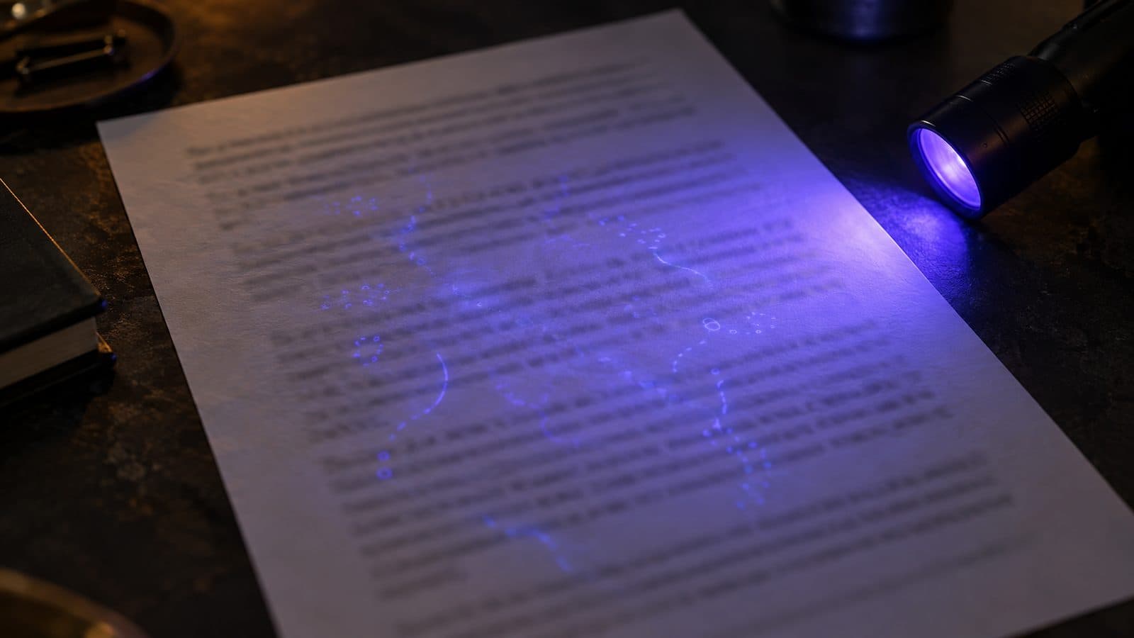 Typed page under an ultraviolet lamp revealing faint hidden marks, like an invisible AI text watermark.