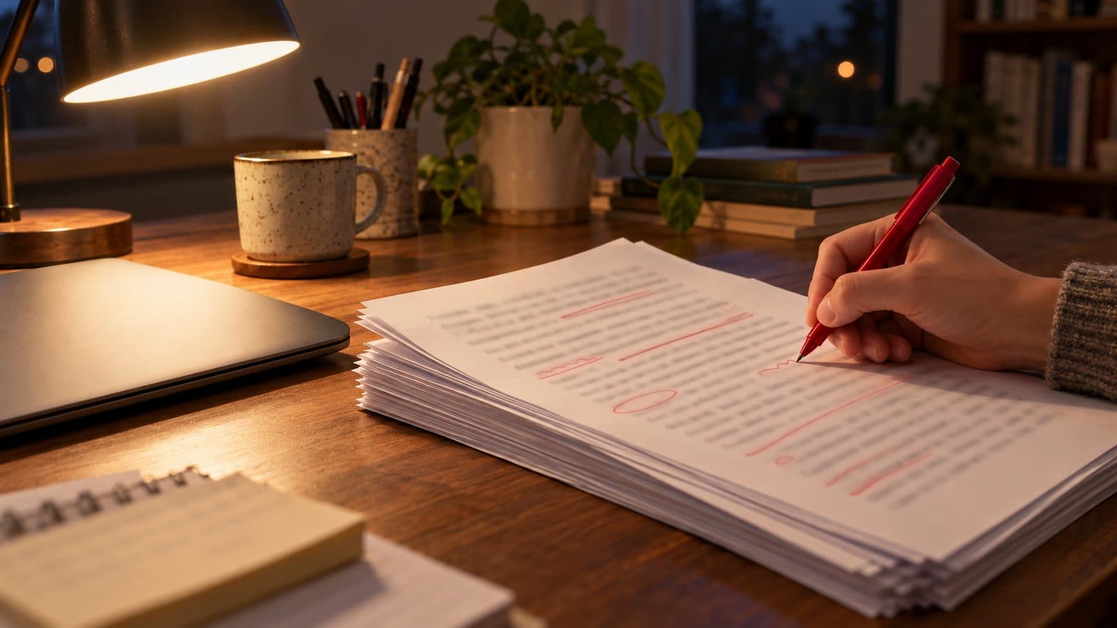 Teacher marking a stack of essays with a red pen beside a closed laptop.