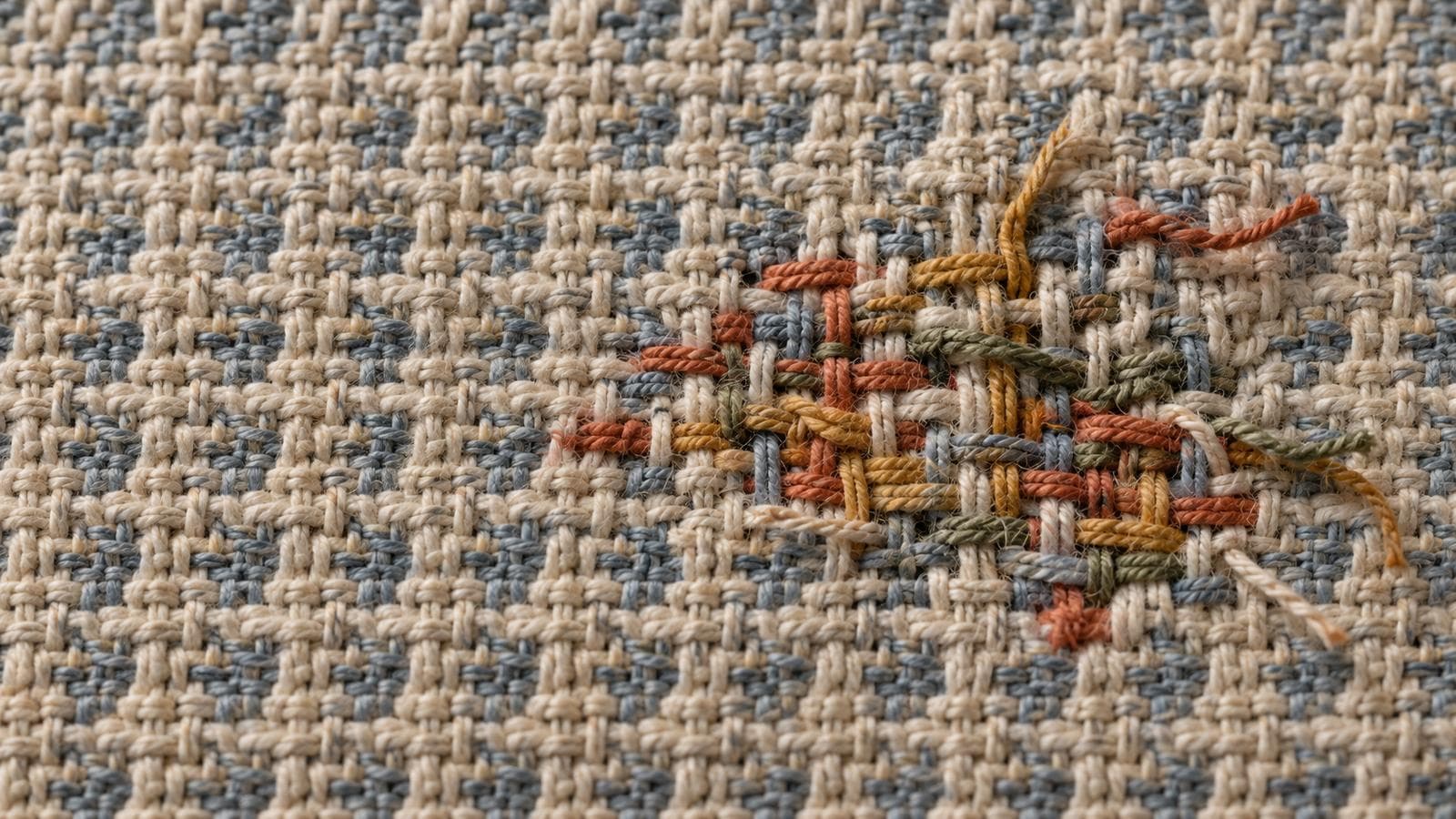 Woven fabric whose regular pattern breaks where threads were replaced.