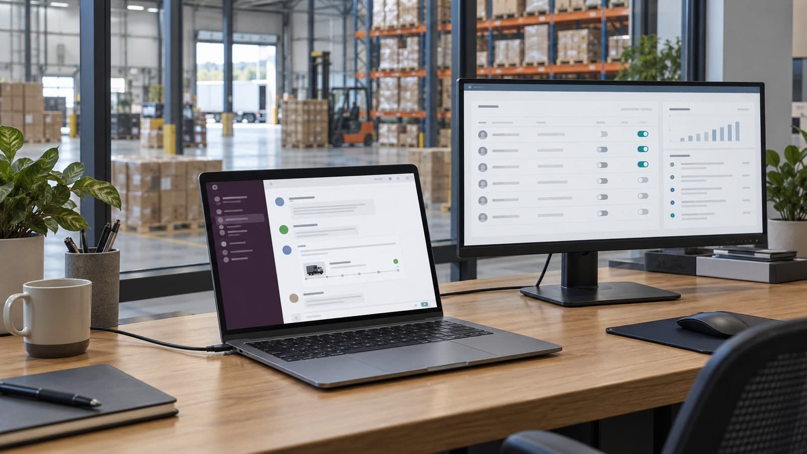 Laptop and order dashboard on a worktable overlooking warehouse shelves.