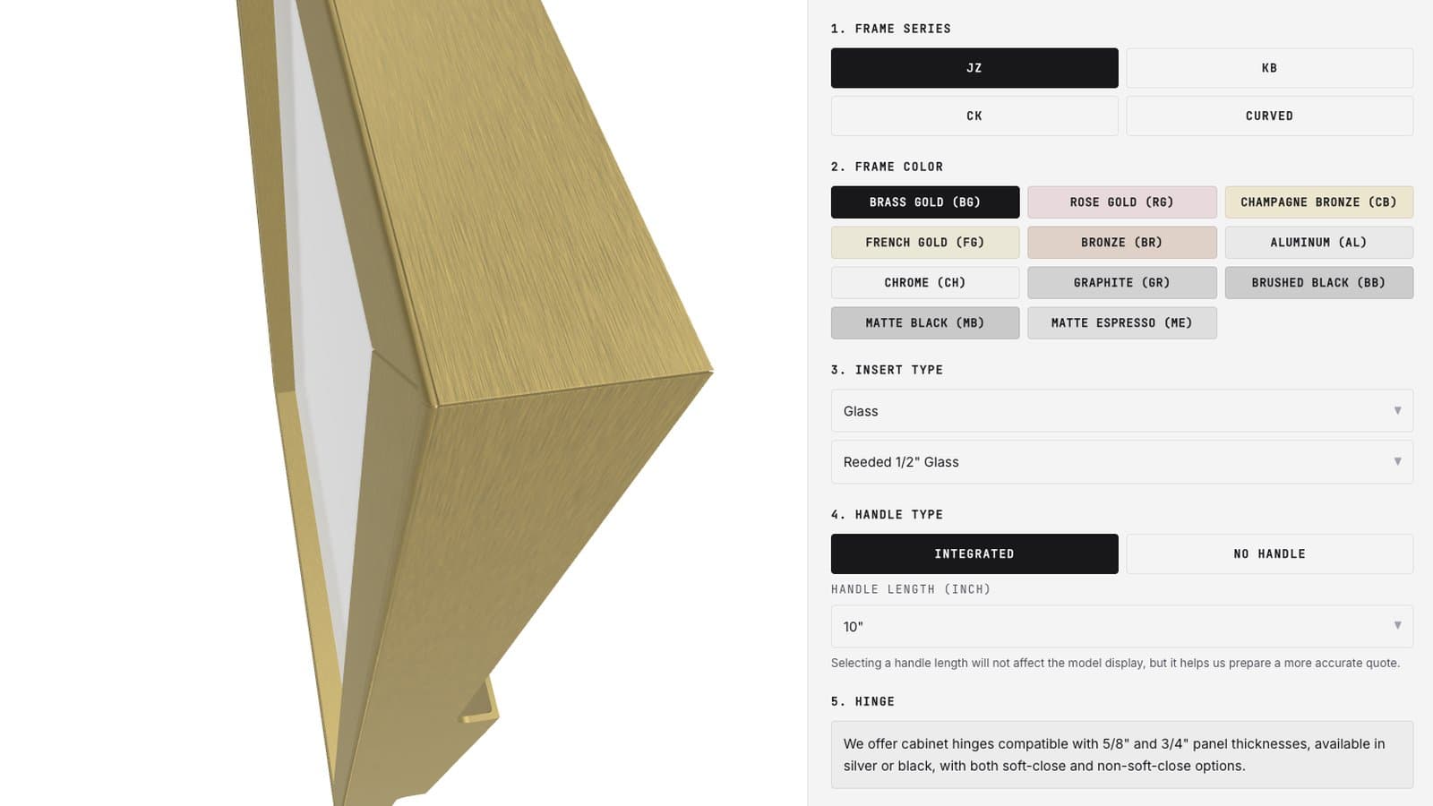 Gold cabinet door frame beside a configurator panel of frame, finish and insert choices.