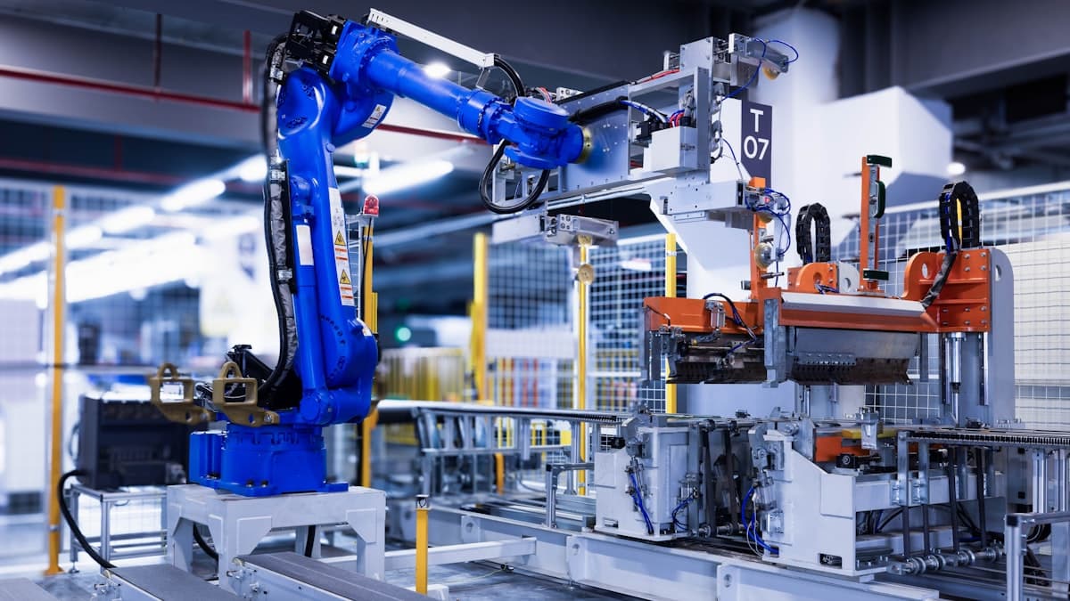 A blue industrial robot arm on an automated appliance production line, the kind of physical automation Gates says will compete with construction and hospitality workers by 2030