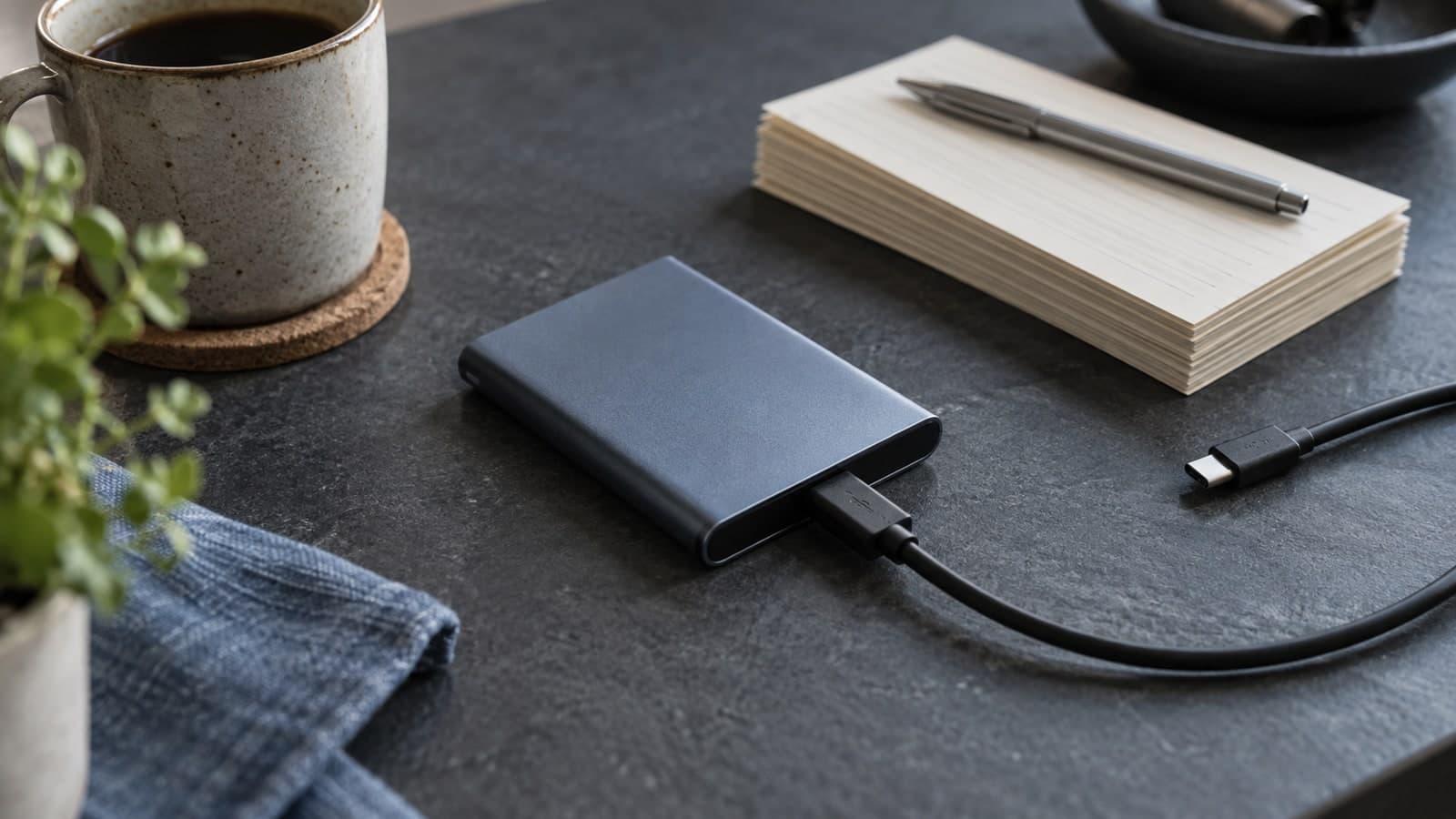 Macro editorial still life of a portable SSD, neatly stacked cream index cards and one USB cable on a matte slate workbench.