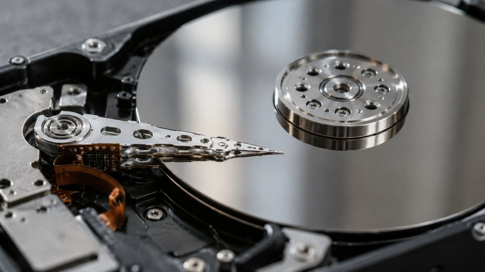 Macro view of the circular platter and read head inside an open hard drive, precise mechanically plausible geometry.
