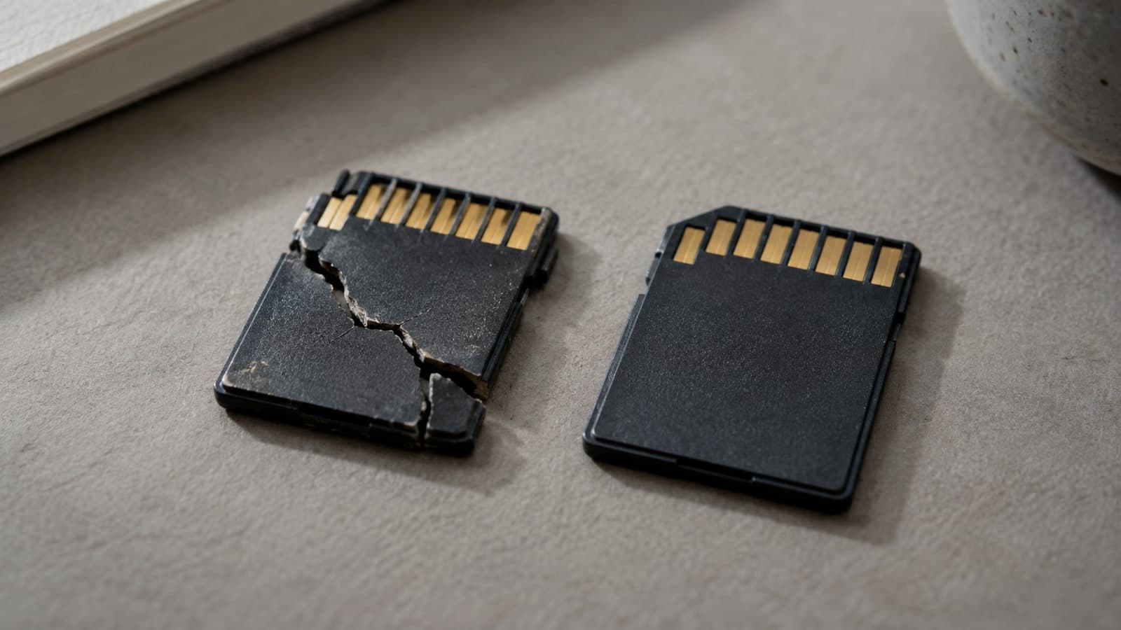 Close still life of a cracked removable memory card beside an intact card on grey paper.