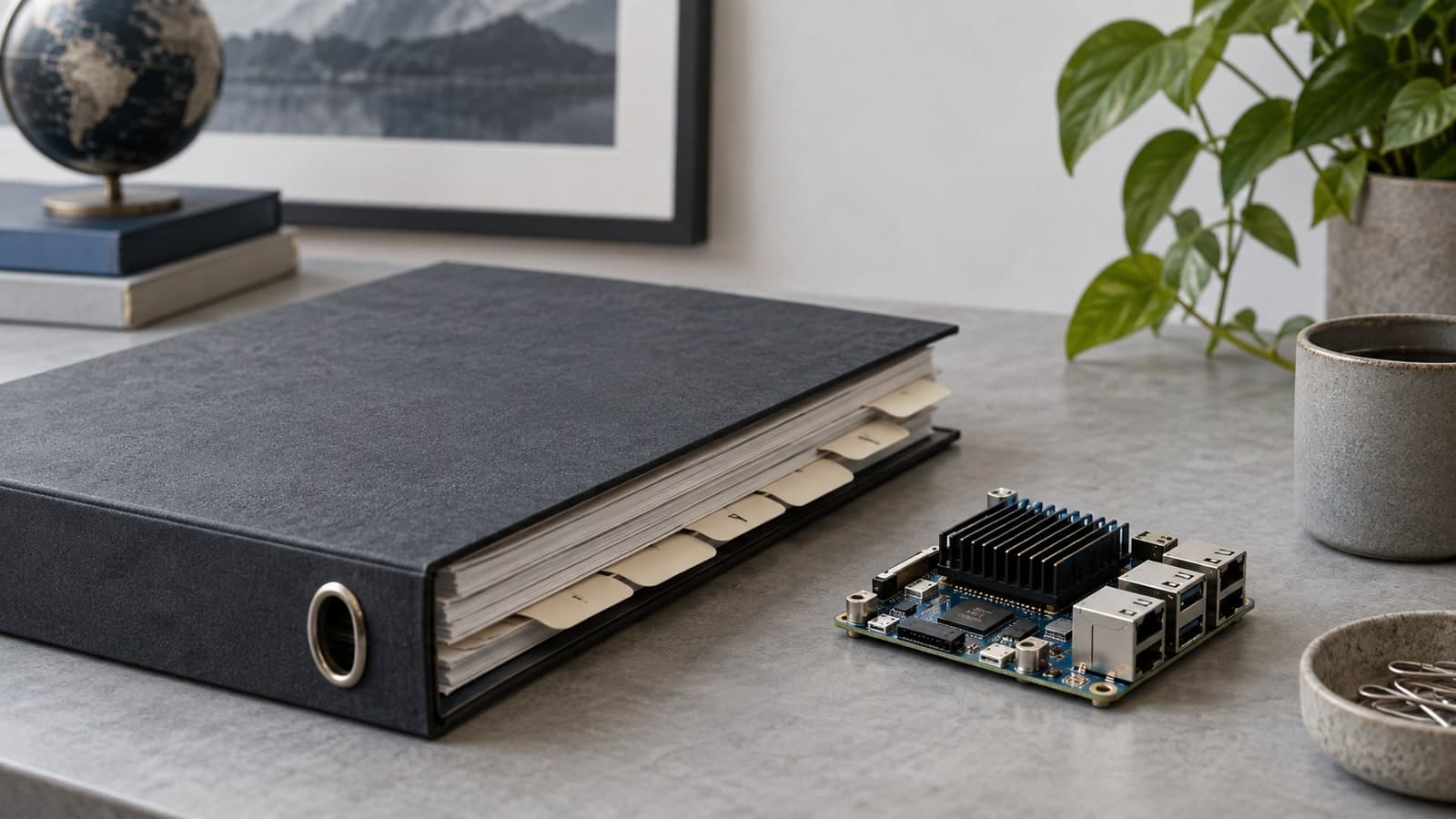 A graphite binder with cream index tabs beside a compact computer board on a neutral desk, structured AI governance and engineering accountability.
