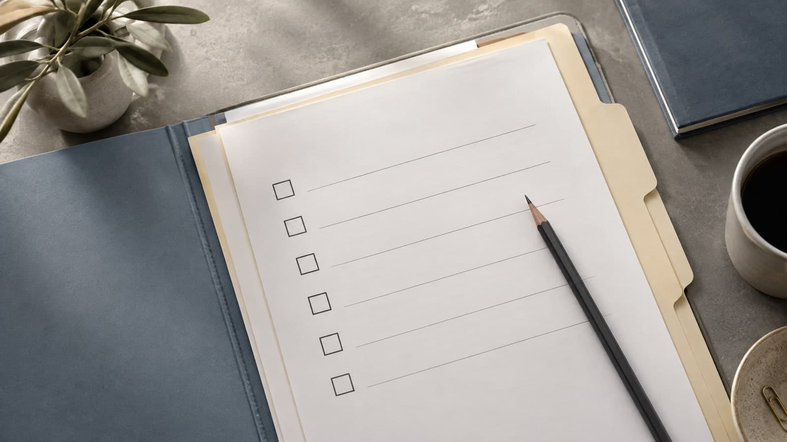 A tidy contemporary audit folder with cream dividers, a checklist with simple empty square boxes but no text and a graphite pencil, overhead editorial view.