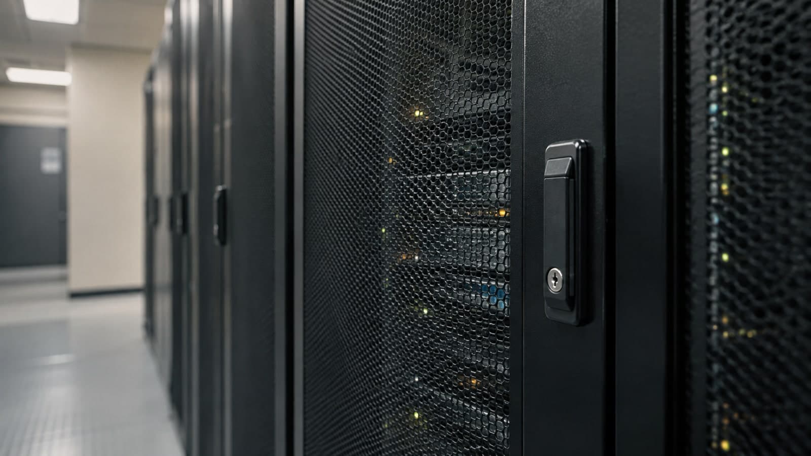 Close view of a locked black server cabinet door and small status LEDs in a restrained neutral-lit data room.