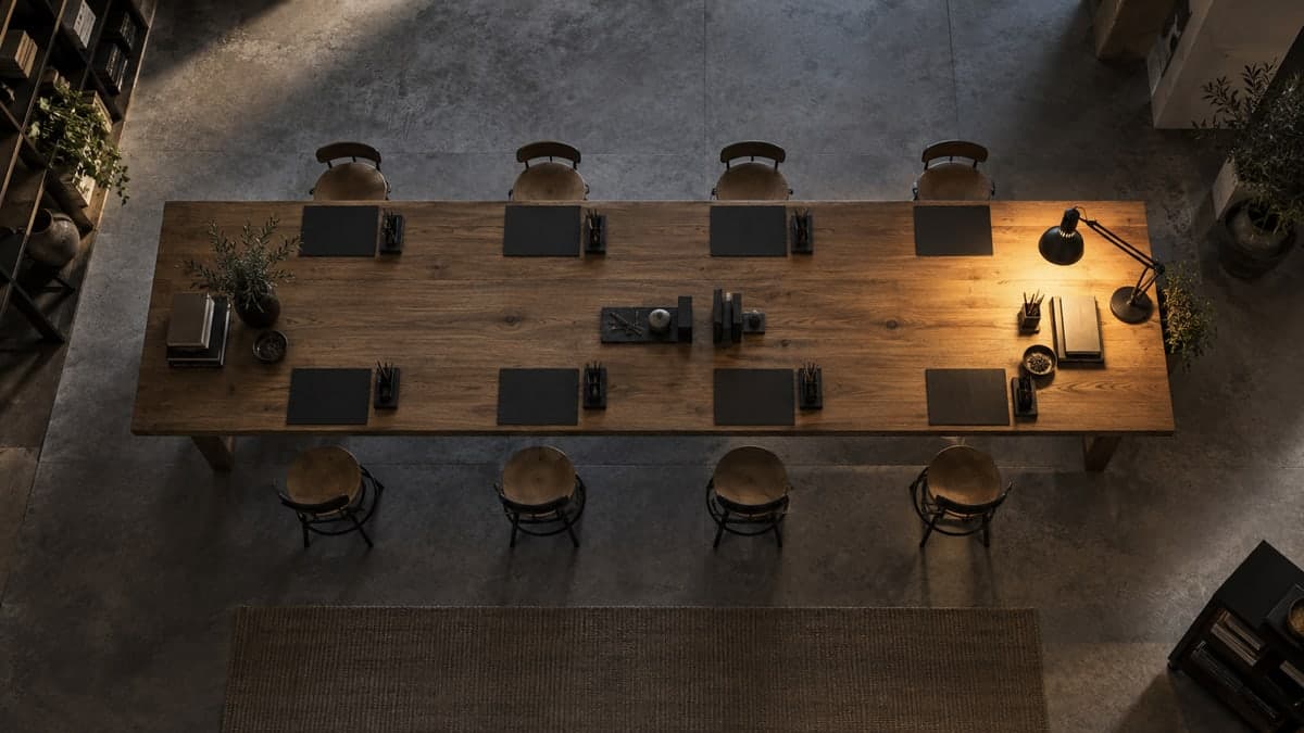 AI doing R&D work: a long workbench from above, many identical empty stools and one lit task lamp, machine work under thin human supervision.