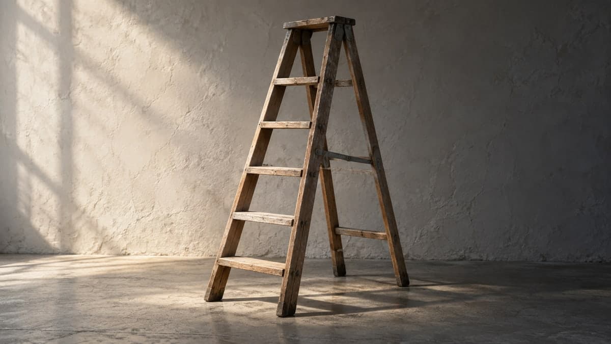 Anthropic's six-level AI automation scale as a stepladder, its upper rungs still in shadow.
