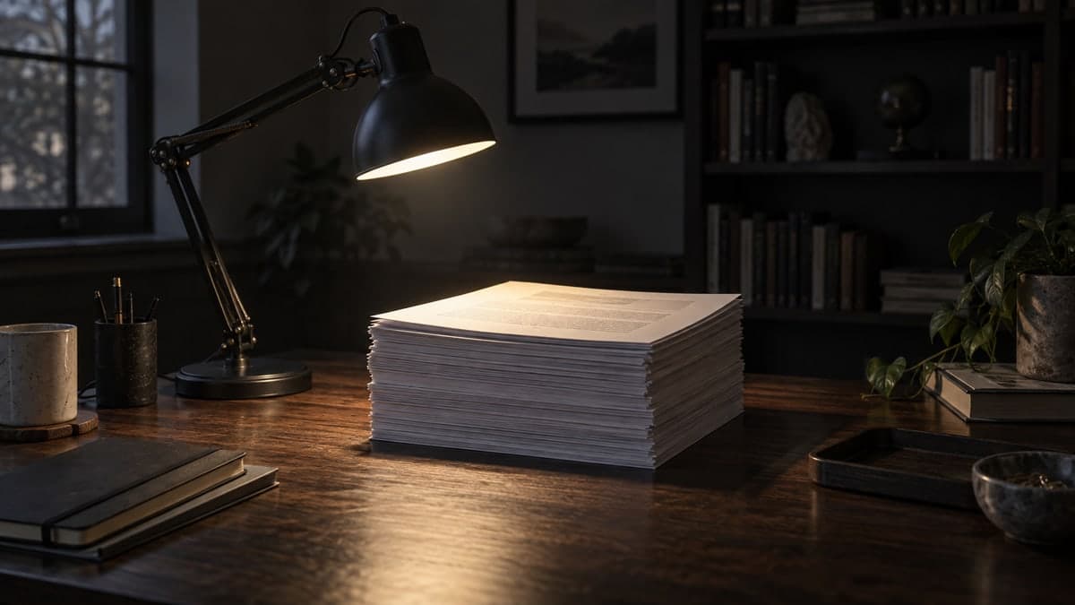The code review bottleneck: one desk lamp lighting a thick stack of printed pages in a dark room.