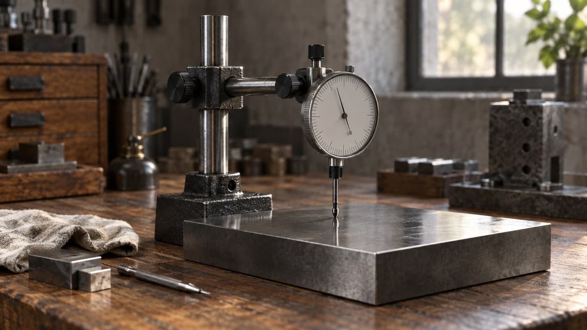 Measuring AI productivity: a precision dial gauge resting on a flat steel reference plate.
