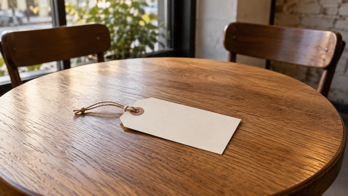 ChatGPT Sponsored Agents concept: a small paper price tag on an empty cafe table, a commercial marker in a conversational setting.