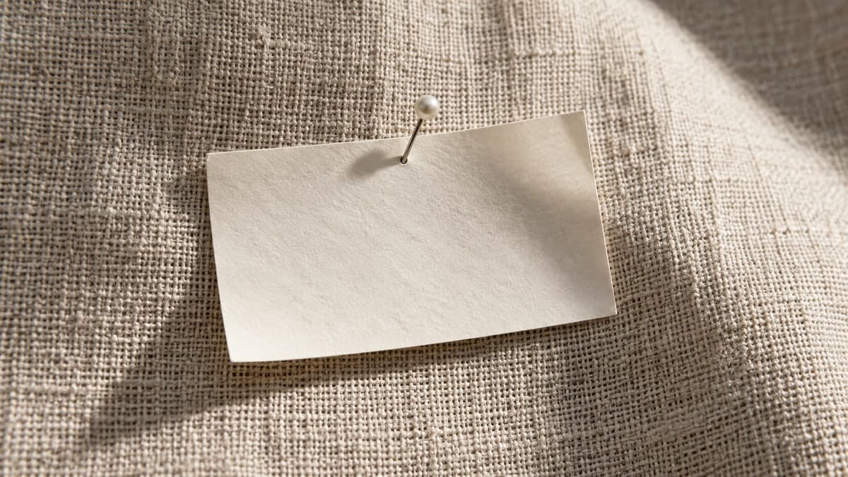 A sponsored-content label: a small blank paper tag pinned to linen, one fold catching the light.