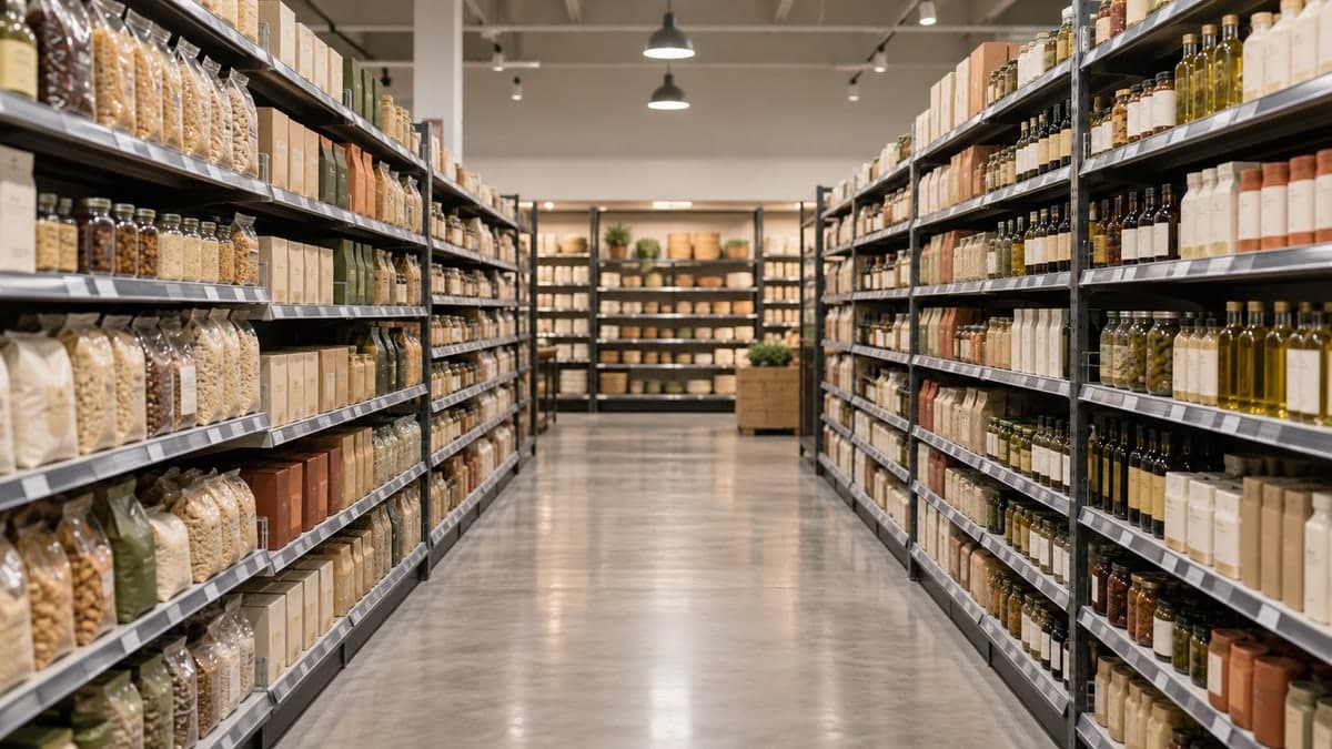 Advertising inside a shopping journey: an empty supermarket aisle photographed straight on, shelves receding under even light.