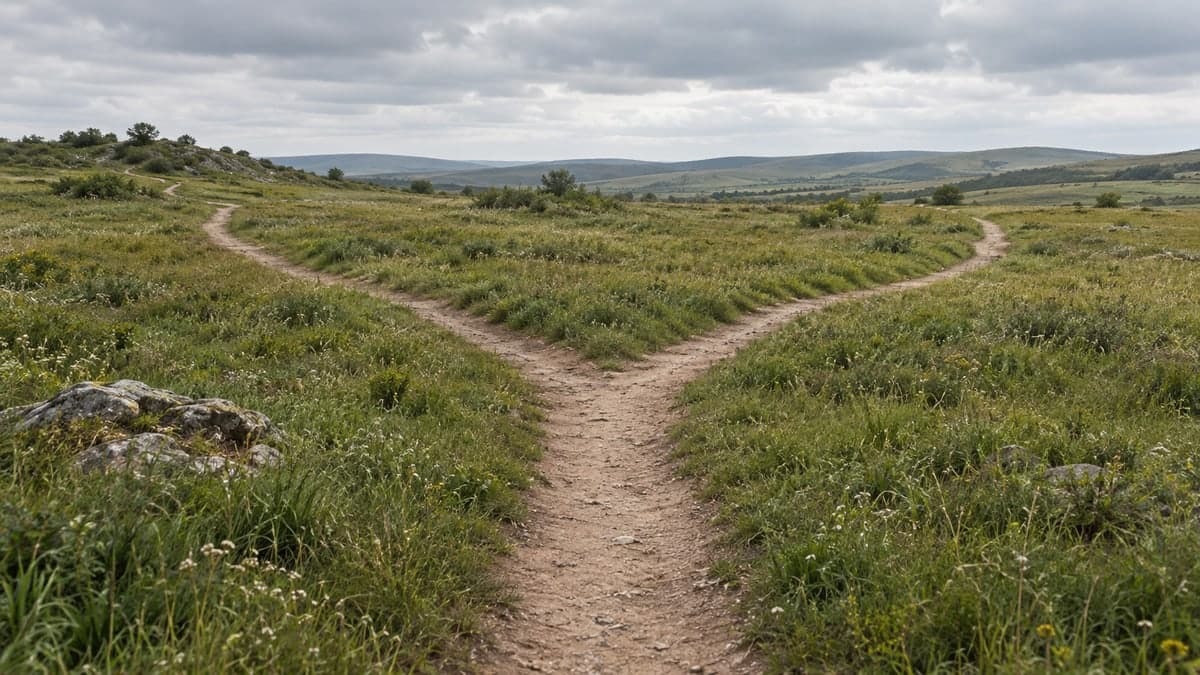 Who is choosing: a worn footpath dividing into two unmarked routes through low grass.