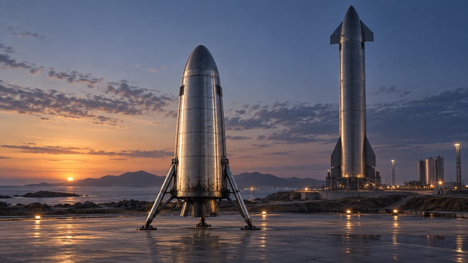 Fully reusable rocket concept: a compact stainless-steel upper stage on a coastal landing pad at dusk, a larger orbital vehicle in the distance.