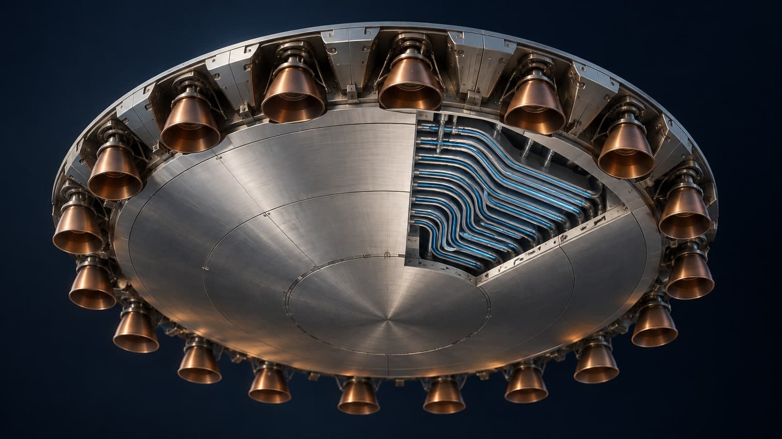 How Stoke Space's Nova upper stage works: cutaway of an actively cooled metal heat shield with blue coolant channels and a ring of copper-toned thrust chambers.