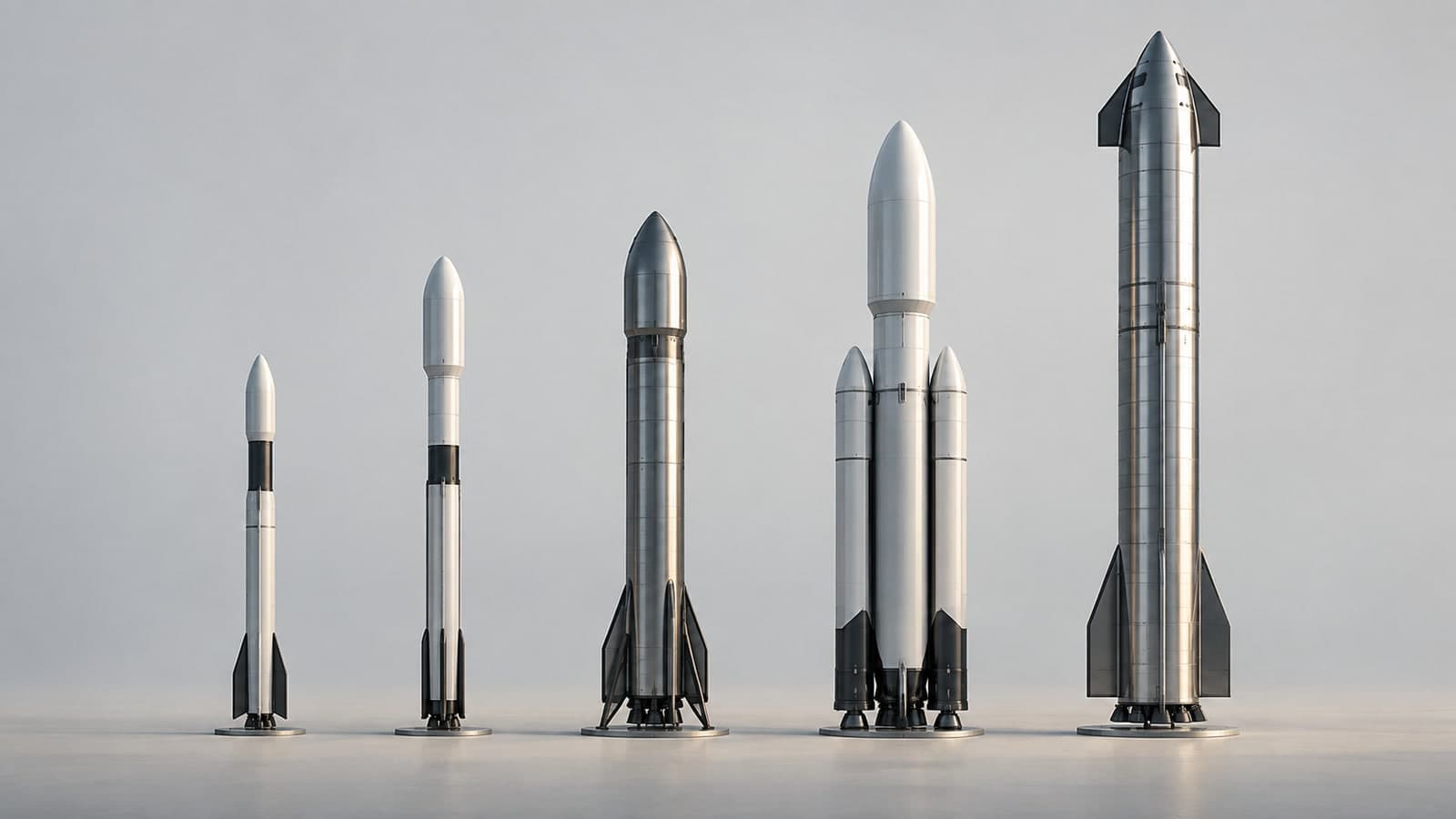 Reusable rocket scorecard: five unbranded launch vehicles of increasing height side by side, a symbolic comparison, not to scale.