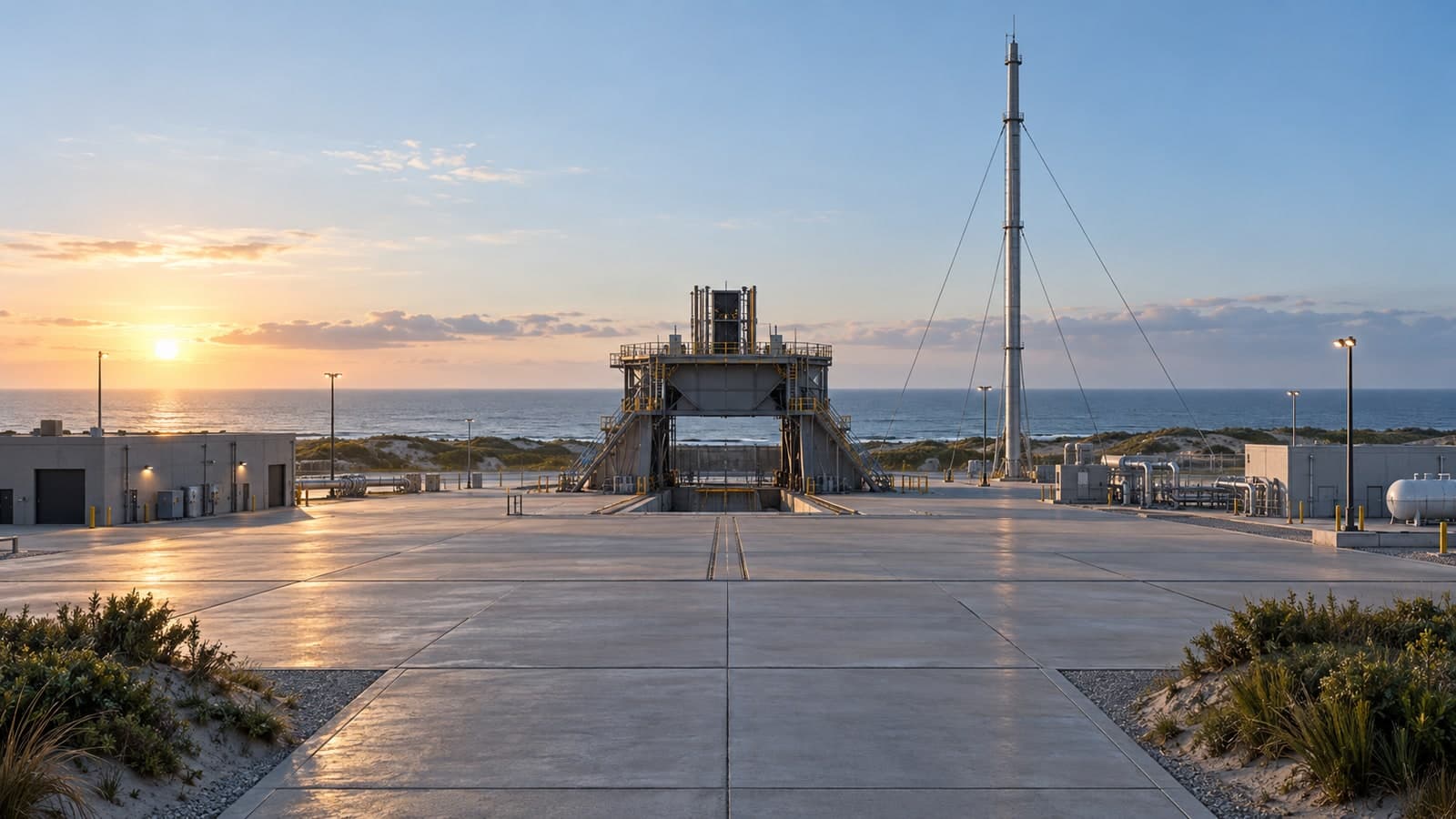 A rebuilt coastal launch complex at dawn, fresh concrete and a lightning tower, awaiting a first orbital flight.
