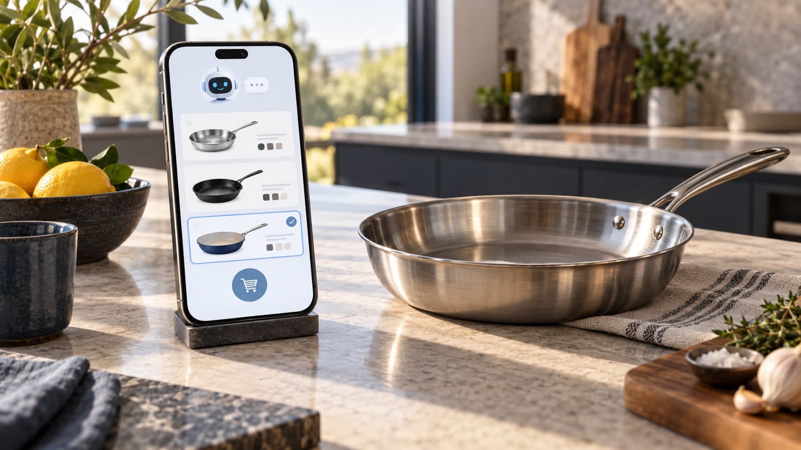 AI shopping assistant comparing frying pans on a phone beside a real pan in a kitchen.