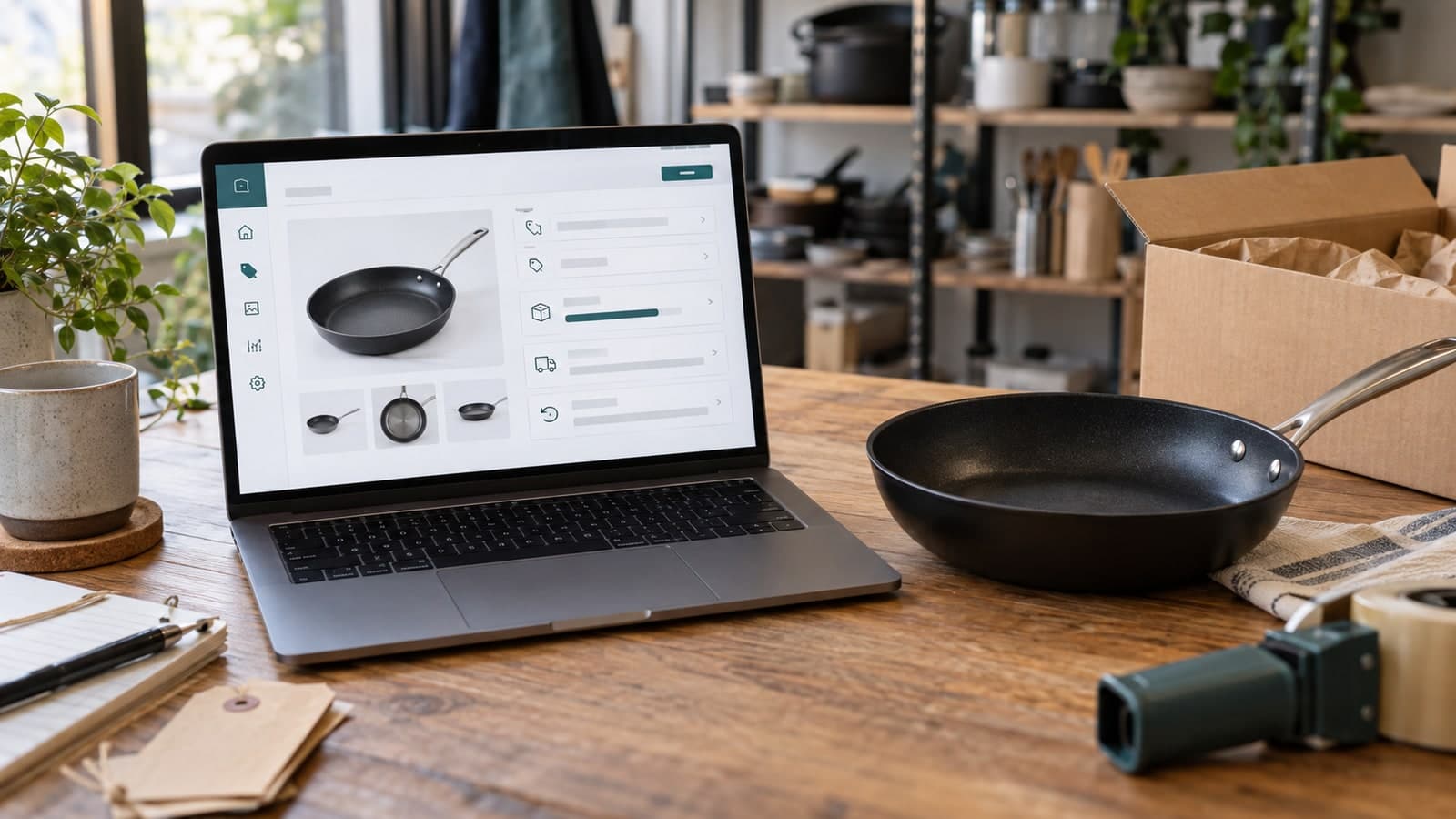 A merchant product catalog for a frying pan beside the stock item and shipping supplies, ready for AI shopping agents.