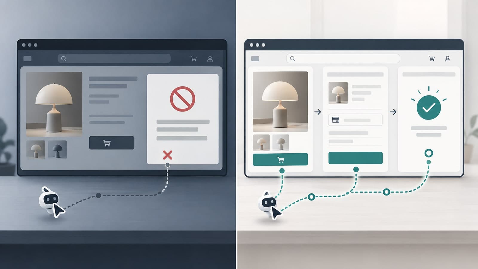 Amazon blocking an AI shopping agent versus Shopify enabling agent checkout, shown with two unbranded storefronts.