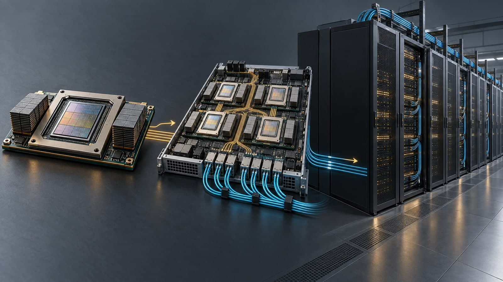 AI computing scales from an accelerator chip and HBM memory to an interconnected server board and a cabinet cluster.