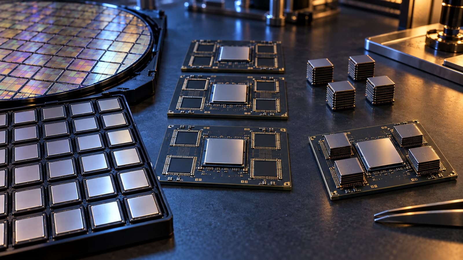 Logic dies and unfinished AI accelerator packages await HBM memory stacks beside a completed chip package.