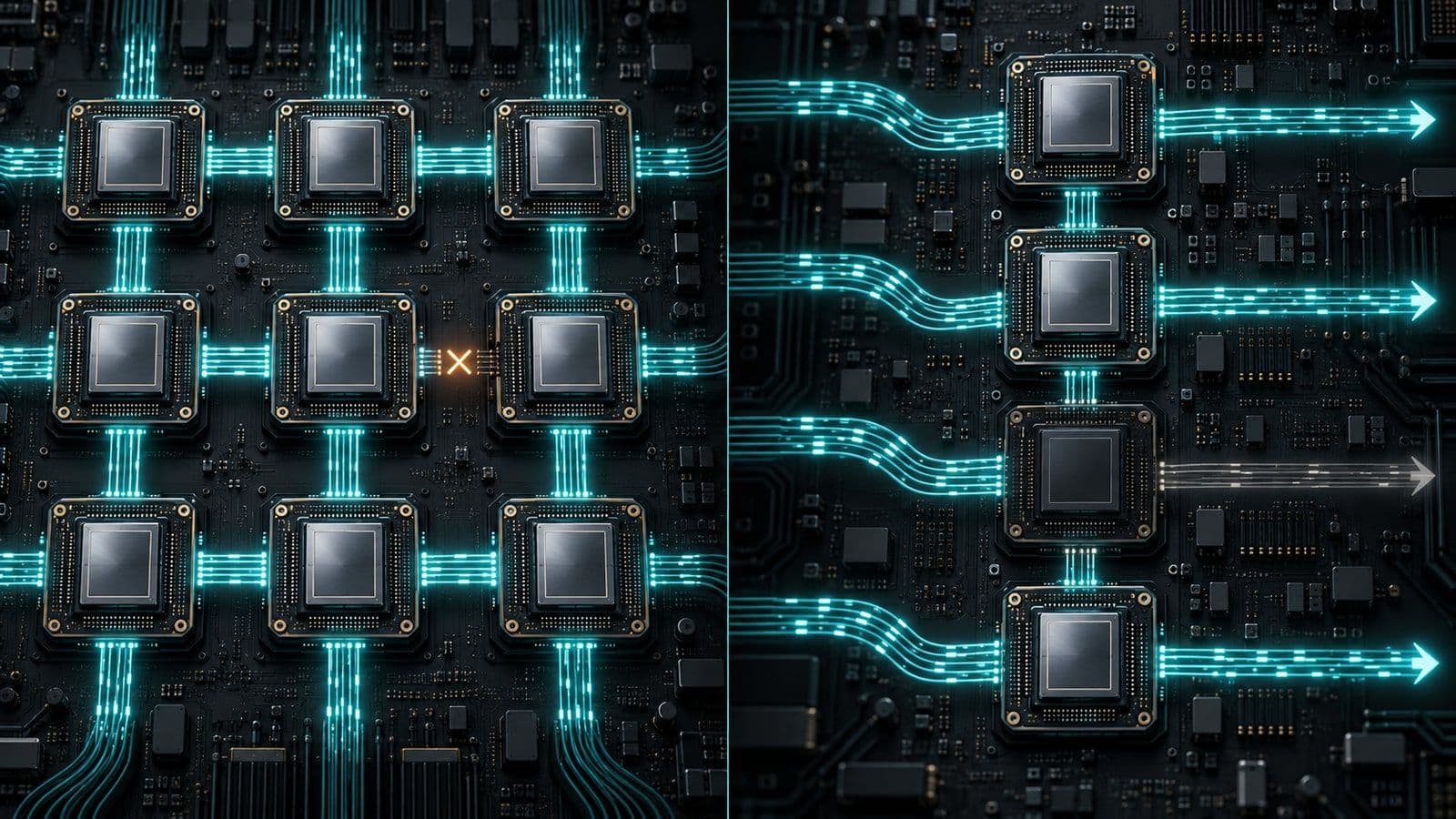 Synchronized AI training chips face an interrupted link, while separate inference streams continue through other chips.