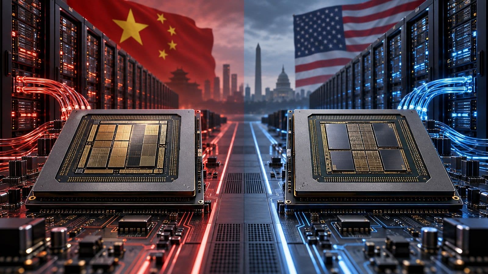 Chinese and US flags above competing AI chips and parallel server arrays in the Huawei Ascend versus NVIDIA race.