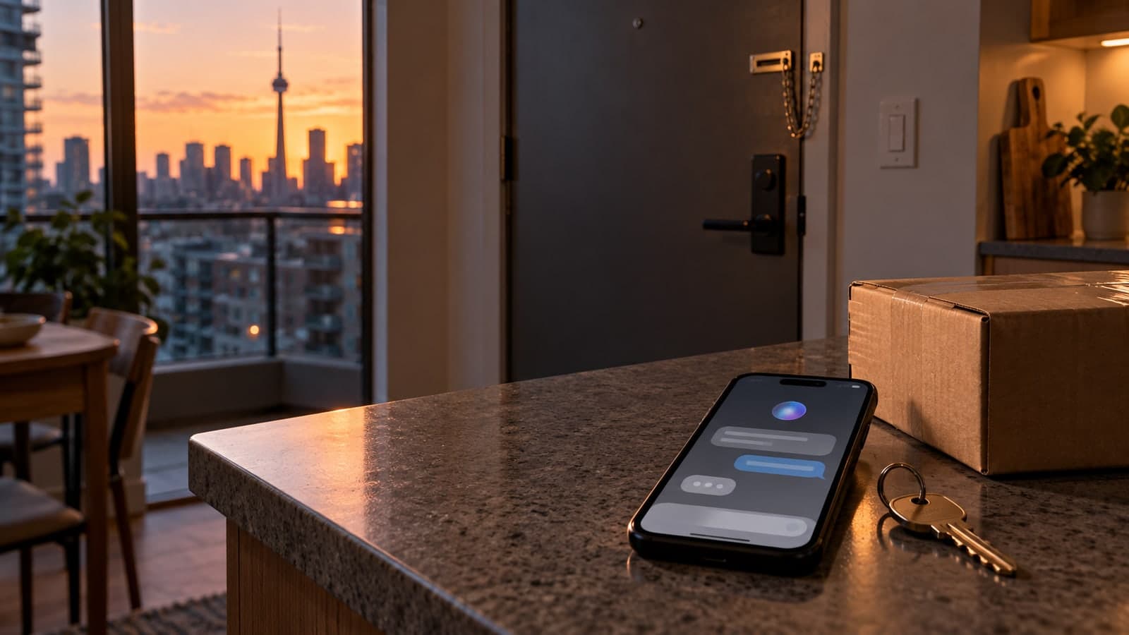 Phone showing an assistant chat beside a house key and parcel in an apartment at dusk.