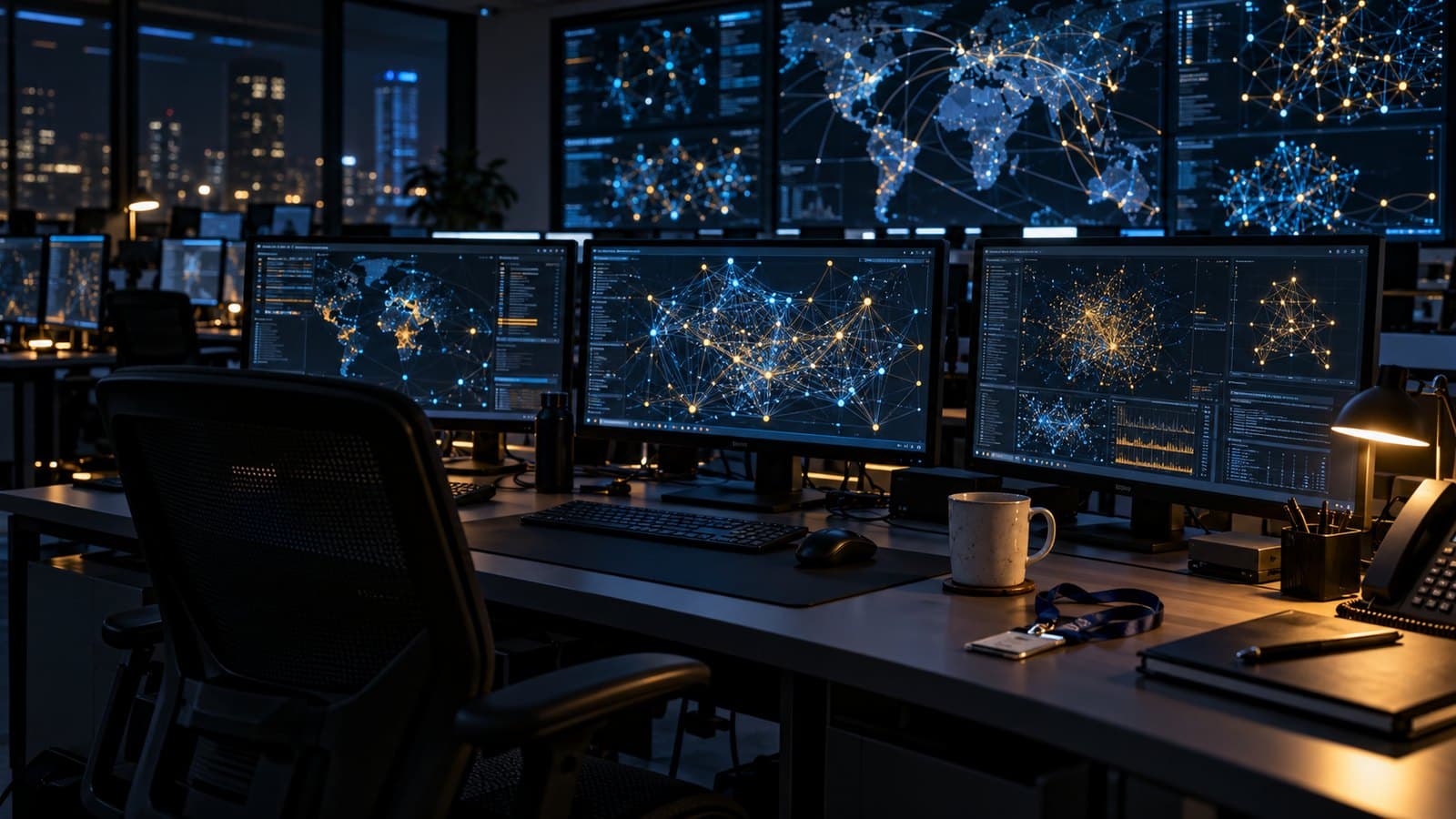 Empty chair in a dark security operations room while monitors show abstract attack paths across the network.