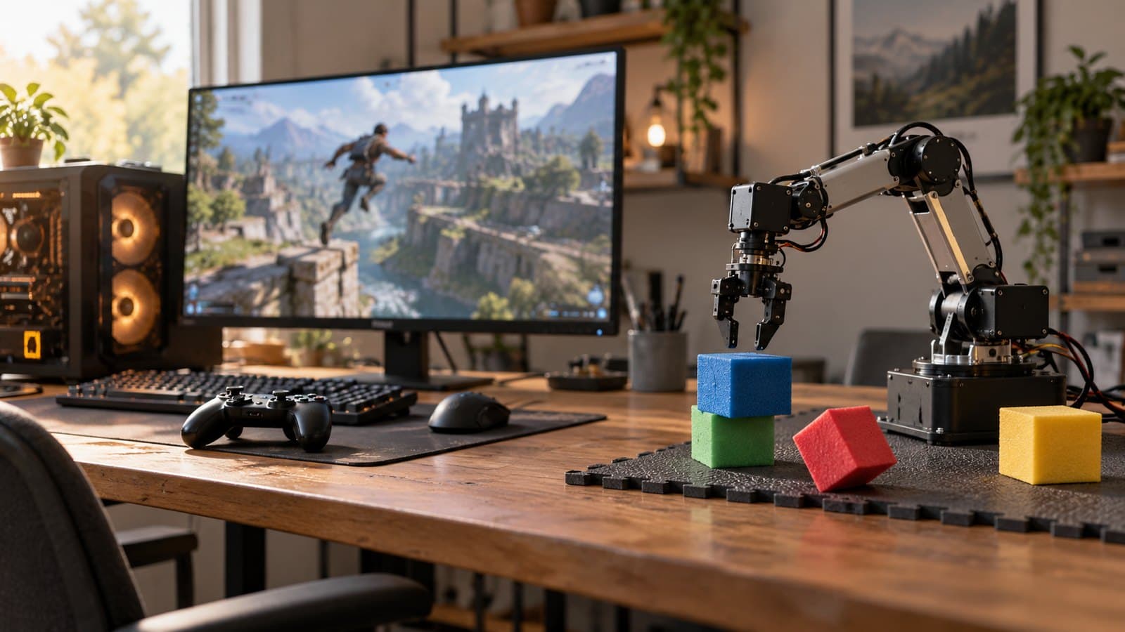 Gaming monitor beside a small robot arm practising on foam blocks on a padded workbench.
