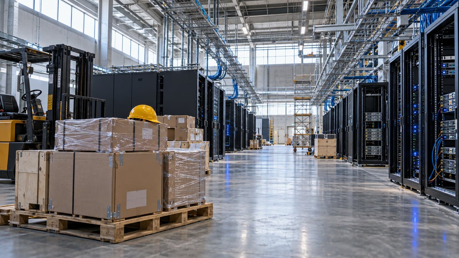 Half-filled server racks and unopened crates in a data-centre hall still under construction.