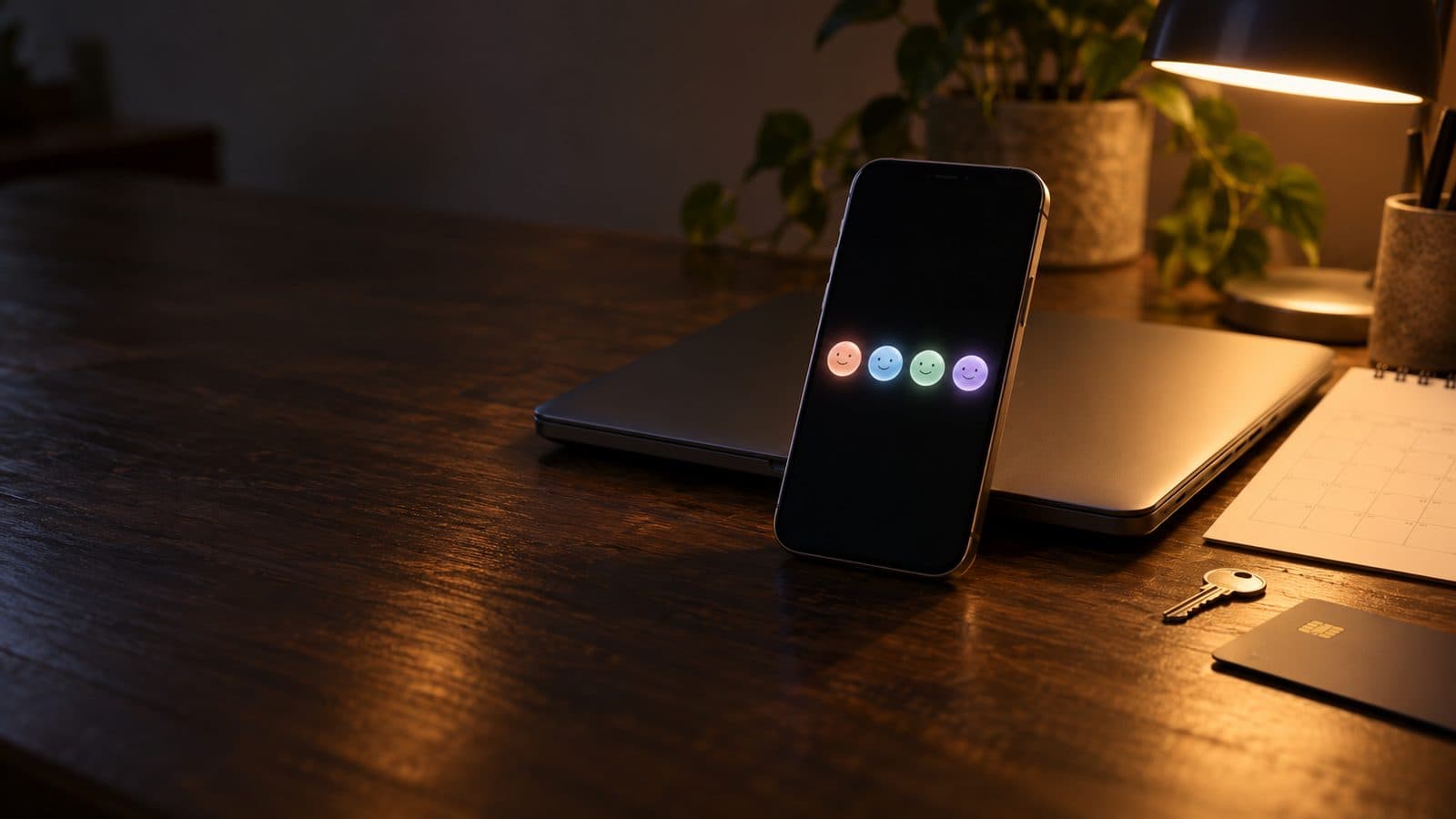 Phone showing four near-identical glowing round assistant icons beside a laptop, a calendar page, a key and a bank card.