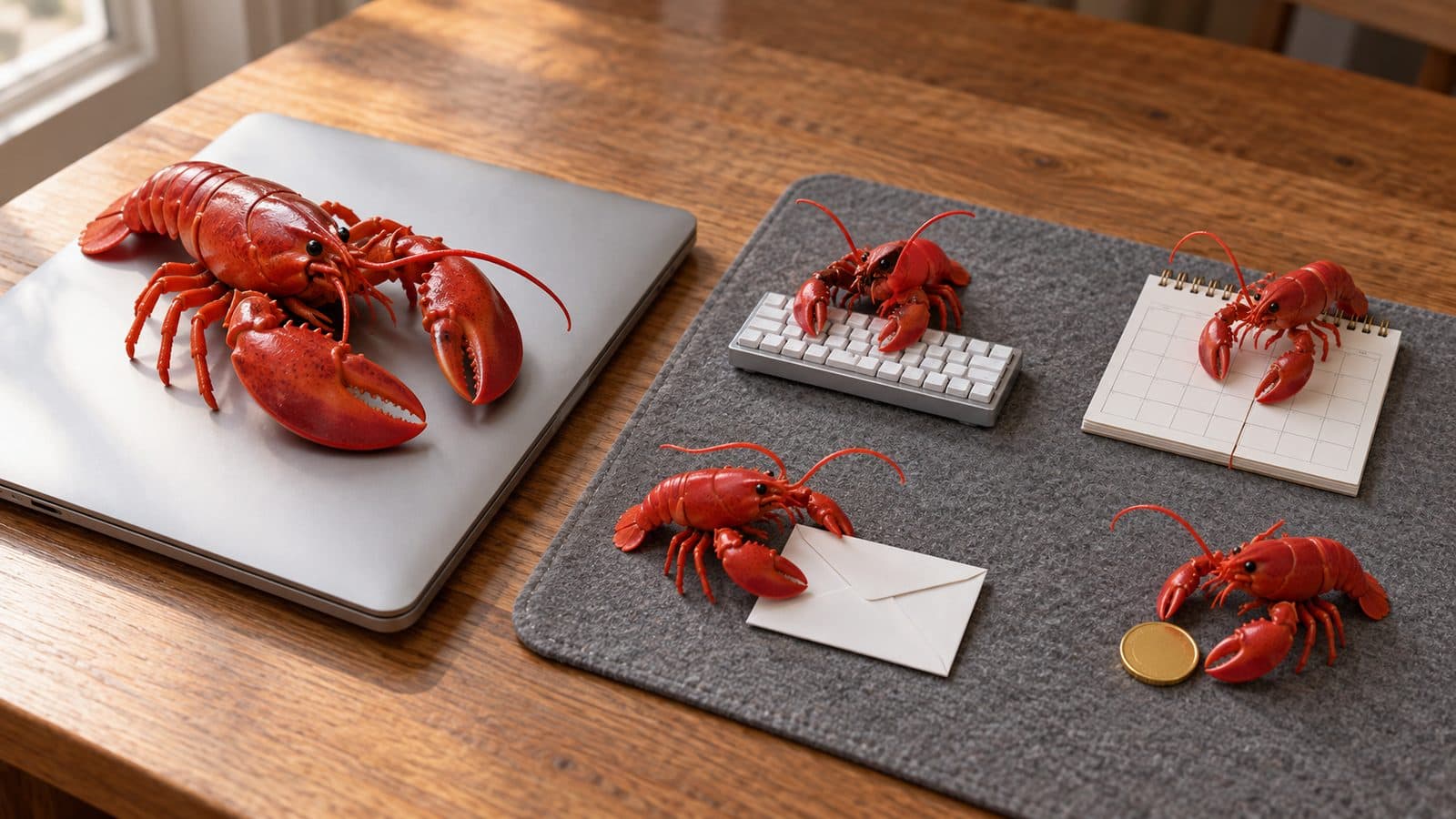 One large toy lobster on a laptop beside four small toy lobsters at a keyboard, a calendar, an envelope and a coin.
