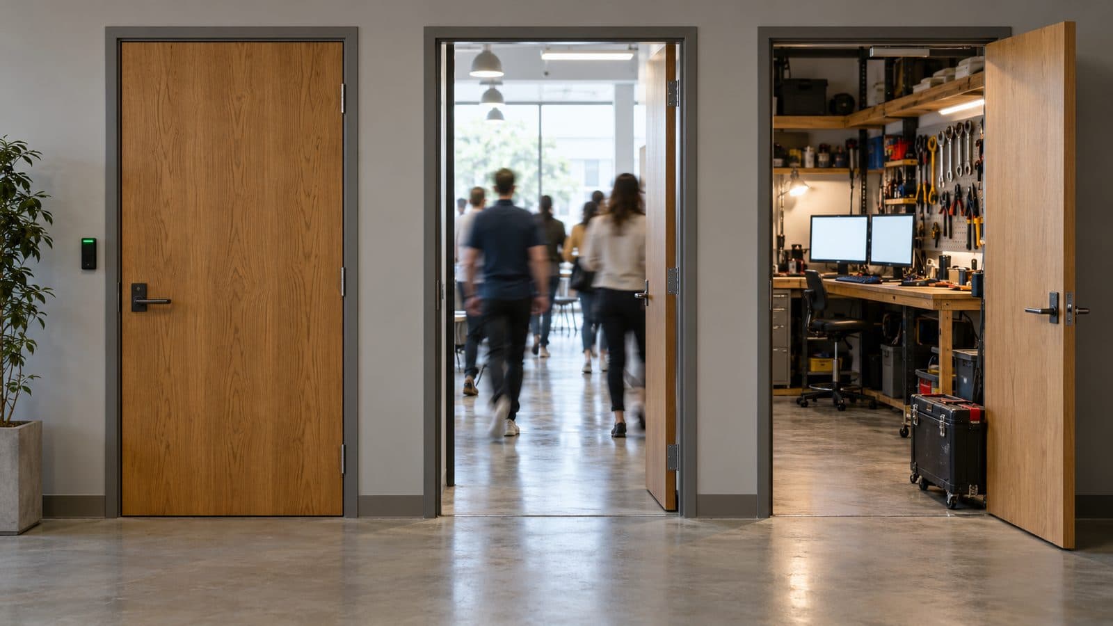 Three office doors: one with a card reader, one open to a crowd, one open onto a workshop with a bench and monitors.
