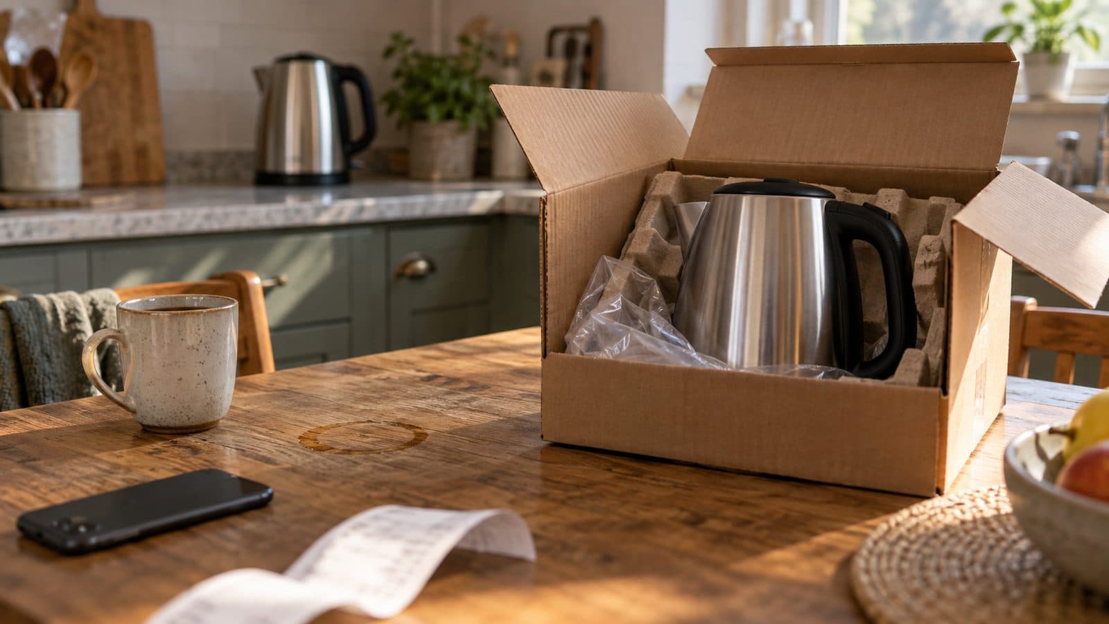 Phone face down on a kitchen table beside a receipt and an opened parcel holding a duplicate kettle.